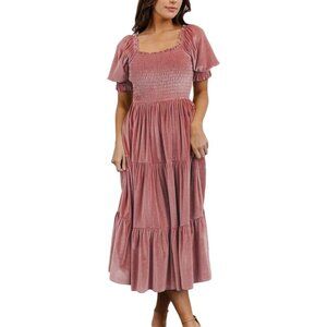 Smocked Velvet Midi Dress for Women Rose Color Size Large